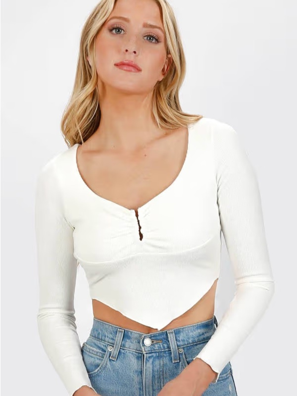 Princess Polly White Ribbed Long-Sleeve Crop Top with Scoop Neck
